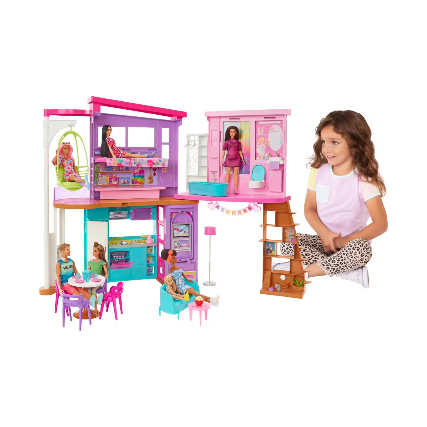Barbie casa di malibu (106 cm) playset casa delle bambole con 2 piani, 6 stanze, ascensore, altalena e +30 accessori, giocattolo per bambini 3+ anni