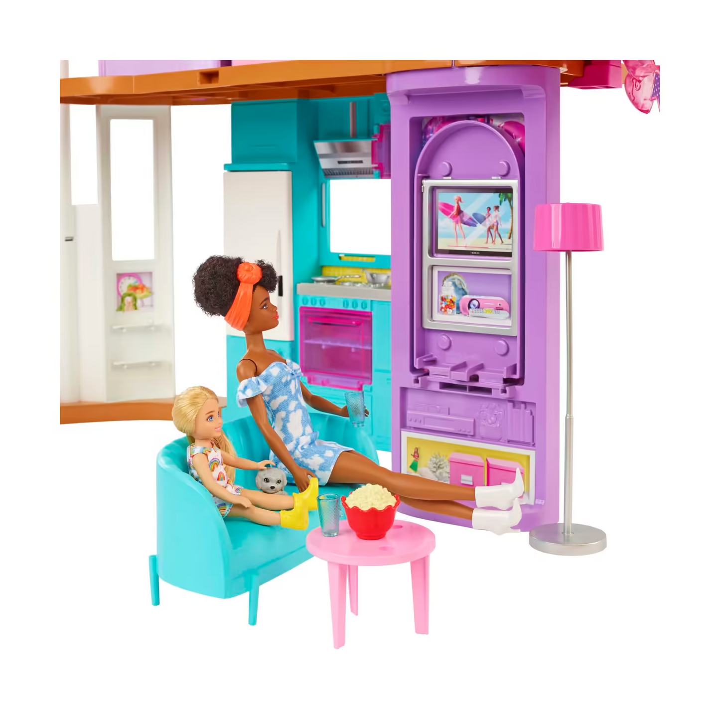 Barbie casa di malibu (106 cm) playset casa delle bambole con 2 piani, 6 stanze, ascensore, altalena e +30 accessori, giocattolo per bambini 3+ anni