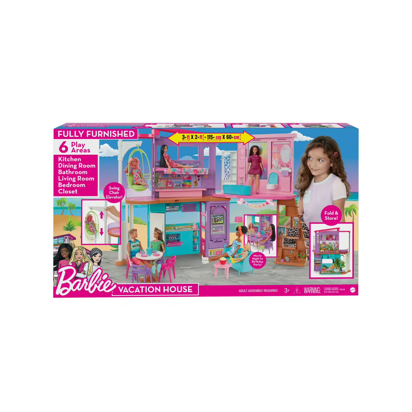 Barbie casa di malibu (106 cm) playset casa delle bambole con 2 piani, 6 stanze, ascensore, altalena e +30 accessori, giocattolo per bambini 3+ anni