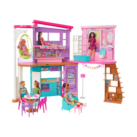 Barbie casa di malibu (106 cm) playset casa delle bambole con 2 piani, 6 stanze, ascensore, altalena e +30 accessori, giocattolo per bambini 3+ anni